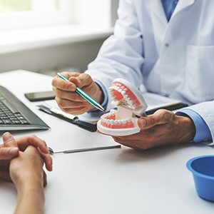 Dentist pointing to model of teeth